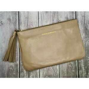 DOONEY & BOURKE Taupe Leather Tassel Wristlet Clutch Pouch Bag